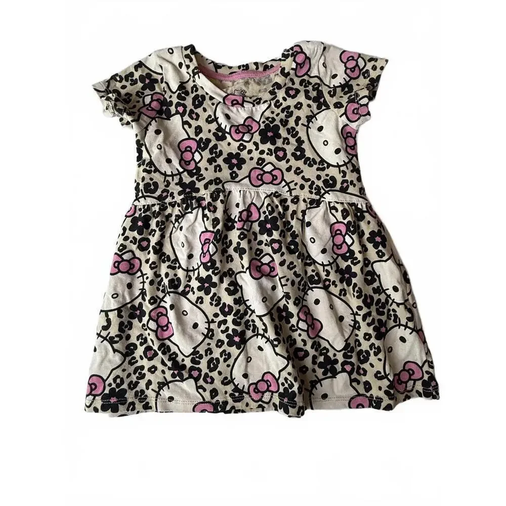 Hello Kitty Dress Girls 2T Beige Leopard Print Skater Short Sleeve Knee Length